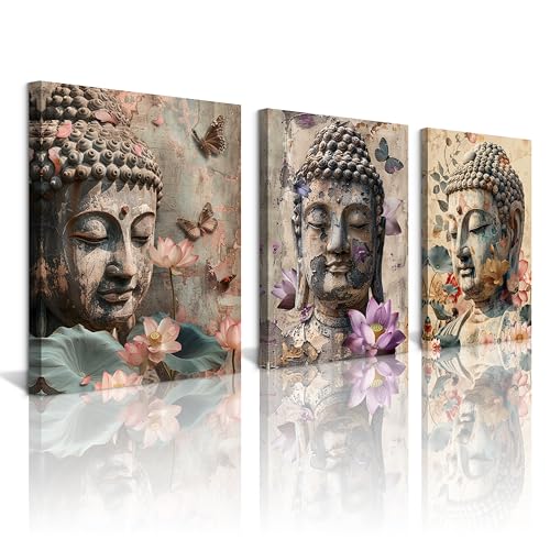 NAN Wind 3Pcs Buddha Statue Lotus Floral Accents Canvas Art Floral Buddha Zen Meditation Decor Spiritual Wall Art for Home Ready to Hang Spiritual Zen Decor Peaceful Meditation Art for Living Room - color: Buddha&Lotus, size: 12X16inchX3pcs