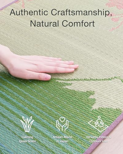 FULI Japanese Tatami Yoga Mat, Igusa Mat, Non-Slip Exercise & Fitness Mat for Pilates & Floor Workouts, Made in Japan, 1/4 in Thick, Sakura Fuji