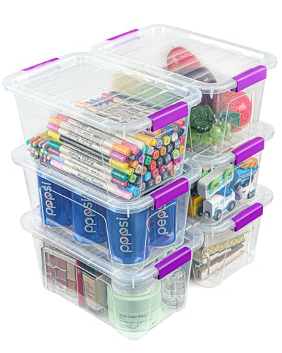 EOENVIVS Clear Storage Bins with Lids 6 Pack, 7 Qt Stackable Storage Containers with Buckle Lock, Durable Plastic Containers & Storage Box Organizer for Pantry, Bathroom, Closet & Office Use - color: Clear+Purple