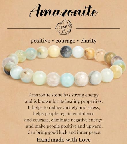BOMAIL Natural Stone Bracelet for Women Men - 8MM Semi-Precious Gemstone Beaded Bracelet Healing Crystal Stretch Bracelet Yoga Bracelets Jewelry - color: Amazonite