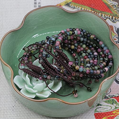 Keleny Natural Gemtones 4mm Round Beads Crystal Adjustable Braided Macrame Tassels Bracelets Unisex - color: Multicolor Tourmaline
