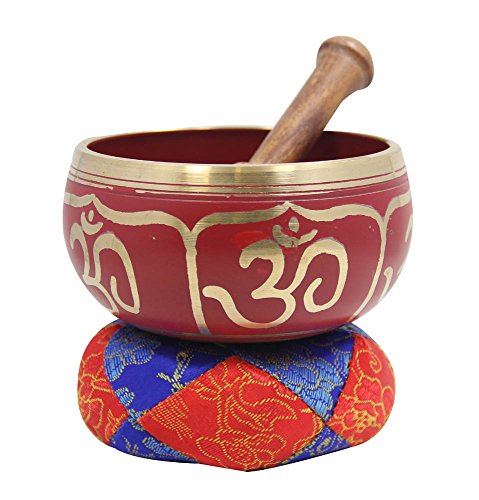 DharmaObjects Tibetan Relaxing Om Singing Bowl/Cushion/Mallet (Red) - color: Red, size: Small