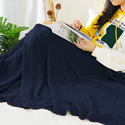 uxcell 100% Cotton Cable Knit Throw Blanket,Soft Lightweight Lap Blanket,Textured Solid Sofa Throw Couch Cover Decors Knitted Blankets, Navy Blue 50"x 60" - color: Navy Blue