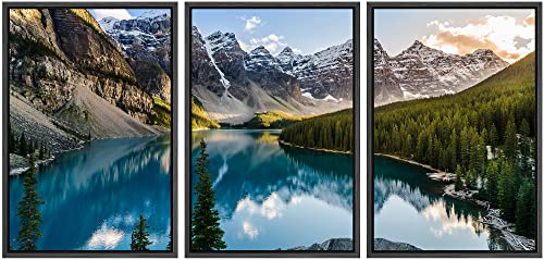wall26 - 3 Piece Framed Canvas Wall Art - Landscape View of Moraine Lake and Mountain Range at Sunset in Canadian Rocky Mountains - Modern Home Art Stretched and Ready to Hang - 16"x24"x3 Black - color: Artwork - 09, size: 16" x 24" x 3 Panels BLACK