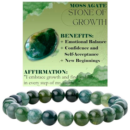 Bivei 8mm Beaded Bracelets for Women Handmade Semi Precious Natural Stone Stretch Elastic Jewelry Yoga Protection Gifts - color: Moss Agate - Growth, size: Small 6.5-6.7 inch