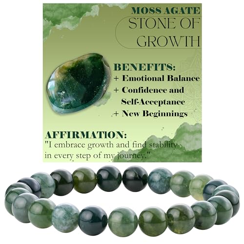 Bivei 8mm Beaded Bracelets for Women Handmade Semi Precious Natural Stone Stretch Elastic Jewelry Yoga Protection Gifts - color: Moss Agate - Growth, size: Small 6.5-6.7 inch