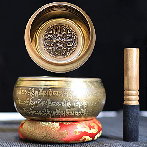 Tibetan Singing Bowl Set,Carved with Crossed Vajra and Mentra of Om Mane Padme Hum,For Sound Healing,Meditation,Yoga,Relaxation,Chakra Balance,Handmade in Nepal(4.13inches) - color: Cross Vajra, size: 10.5cm