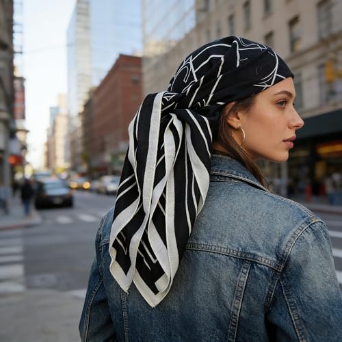 35" Head Scarf Large Square Scarf Like Cotton Hairscarf Fashion Scarves Bandana Night Sleeping Wraps for Women B01 - color: Black- White Lines