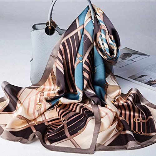 100% Mulberry Silk Long Scarf for Women Large Shawls for Headscarf and Neck- Oblong Hair Wraps with Gift Packed - color: Cream&blue Belts