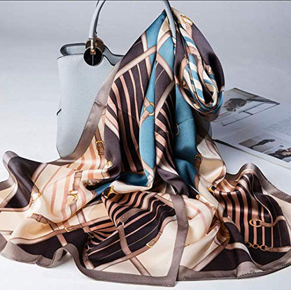 100% Mulberry Silk Long Scarf for Women Large Shawls for Headscarf and Neck- Oblong Hair Wraps with Gift Packed - color: Cream&blue Belts