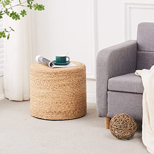18'' Pouf Ottoman, Natural Braided Poof, Round Poufs, Rustic Handweave Lounge Pouffe, Boho Footrest Stool for Bedroom, Accent Table or Seat for Patio, Living Room - color: 18inch Natural Water Hyacinth Braid