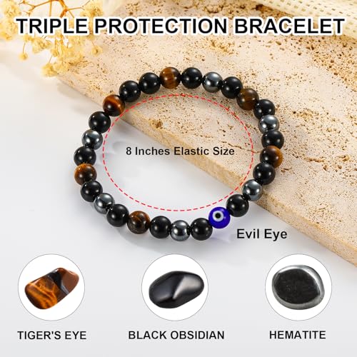 Gnamy Crystal Bracelet Gifts for Men Him- Triple Protection Hematite Black Obsidian Tiger Eye Gemstone Beaded Bracelets Birthday Healing Jewelry Gifts - style: Style 4