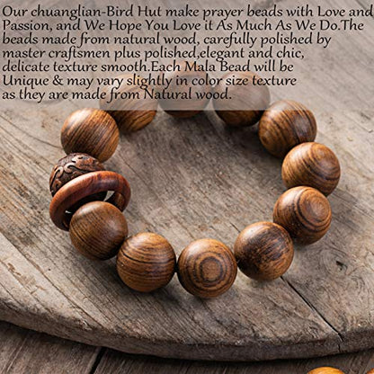 chuanglian-Bird Hut Handmade Unisex 12 Beads Natural Bubinga Wood Prayer Beads Link Wrist Meditation Star Ring Circumstellar Decompression Bracelet Rosary Mala Necklace Chain for Men Women