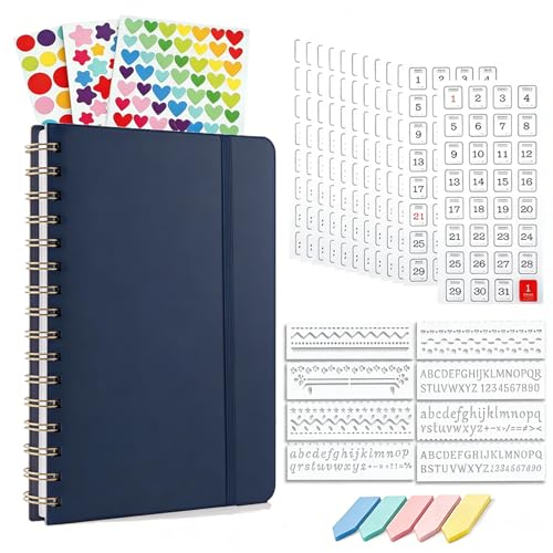 Dot Grid Journal Starter Kit, A5 Spiral Notebook with Stencil Ruler, Date & Color Stickers, Hardcover, 120gsm Thick Paper, Subtle Blue Dotted Pages for Planning, Study & Work - Blue - color: Blue
