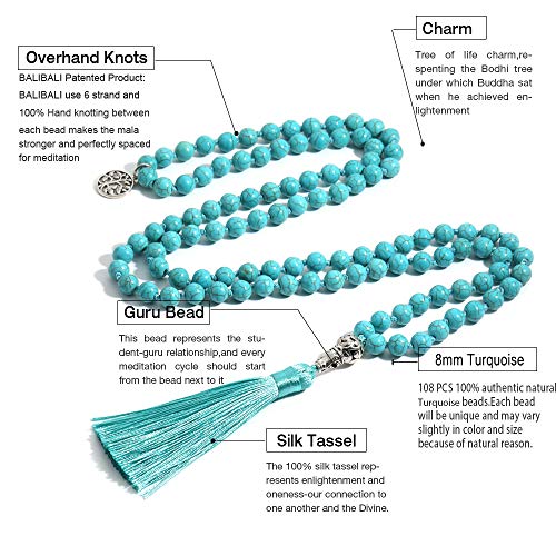 108 Mala Beads Necklace Semi-Precious Gem Stones Meditation Necklace 108 Hand Knotted Japa Mala Beaded Tassel Necklace with Tree of Life Pendant - color: Natural Turquoise