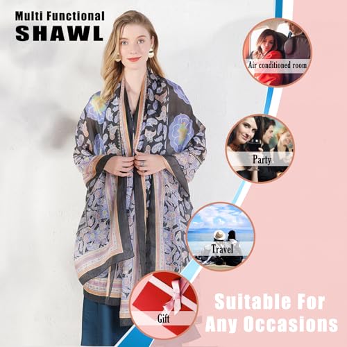 100% Mulberry Extra Large Silk Pashmina Scarf Shawls And Wraps For Women Evening Dress Summer Travel Floral Blanket - color: 77 Black&pink