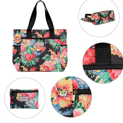 GAENMESN Women's Lightweight Waterproof Tote Bag Durable Designer Handbag with Zipper Travel Commute Everyday Use - color: Black Flower