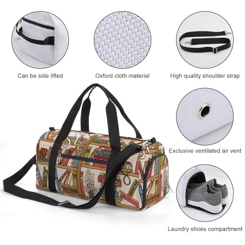 Sleeping Cat Library Bookshelf Large Capacity Portable Fitness Bag, Easy to Carry - color: sleeping cat library bookshelf