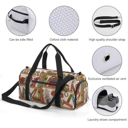 Sleeping Cat Library Bookshelf Large Capacity Portable Fitness Bag, Easy to Carry - color: sleeping cat library bookshelf