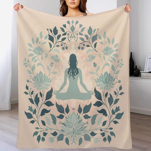 Meditation Illustration Throw Blanket, Soft Cozy Warm Flannel Cartoon Floral Plant Yoga Silhouette Blanket for Couch Sofa Bed, 40"x50" - color: Meditation Illustration, size: 40"x50"