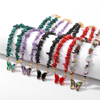 Bohemian Crystal Butterfly Necklaces Stress Relief Anxiety Yoga Pendant,Healing Natural Stone Mantra Choker for Women Teen Girls Friendship Birthday Mothers Day Gift Summer Beach Jewelry - color: Tiger Eye