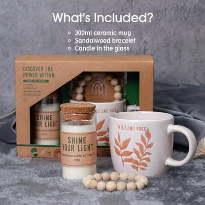 Meditation Set Discover the Power Within Kit Include Ceramic Mug Cup Sandalwood Bracelet & Eco-friendly Glass Candle Self Care Gifts for Women