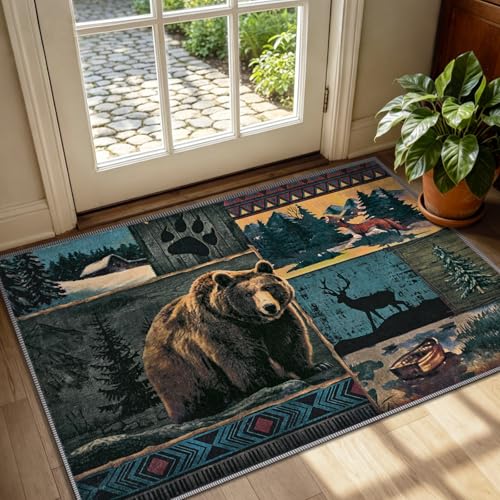 ASPMIZ Rustic Area Rug 2x3 Entryway Rug Non-Slip Washable Indoor Door Mat, Lodge Bear Moose Cabin Small Western Rugs for Entrance Kitchen, Vintage Soft Buffalo Floor Door Rugs Low Profile, Blue - color: Blue, size: 2' X 3' (Rectangular)