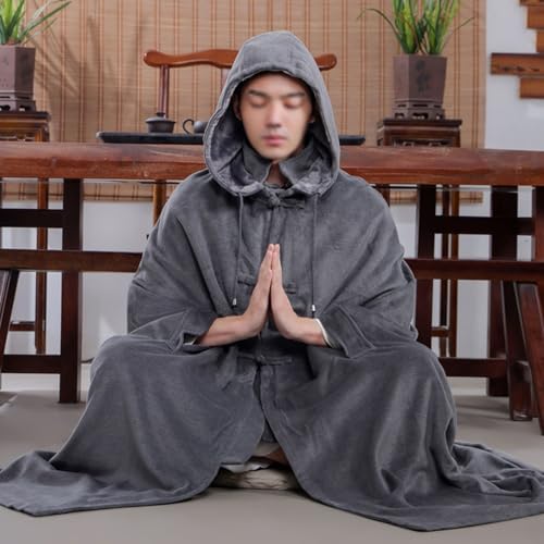 Meditation Prayer Hooded Cloak Long Button Down Unisex Cape Double Layer Warm Medieval Coat Poncho - color: Gray, size: XX-Large
