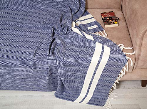 Bersuse 100% Cotton Herringbone XL Throw Blanket for Couch - 100% Cotton Lightweight Durable Throw Blanket, Big Blanket for Sensitive Skin, Decorative and Versatile - 63x94 Inches, Dark Blue