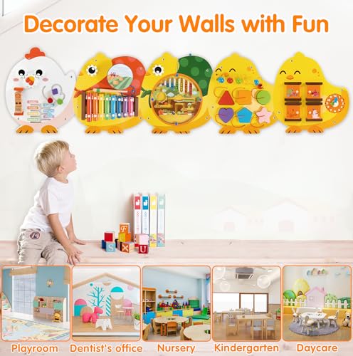 Chick Squad Activity Wall Busy Board Panels | 11-in-1 Wooden Sensory Wall Panel for Kids, Montessori Learning Activity Center | Perfect for Toddler Playroom Daycare Nursery Classroom Dentist Office - style: Chick Squad