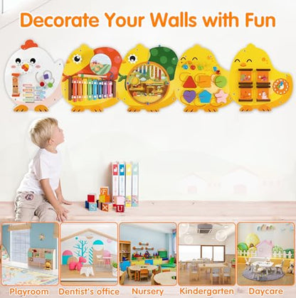 Chick Squad Activity Wall Busy Board Panels | 11-in-1 Wooden Sensory Wall Panel for Kids, Montessori Learning Activity Center | Perfect for Toddler Playroom Daycare Nursery Classroom Dentist Office - style: Chick Squad