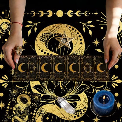 Tarot Altar Cloth Black Tablecloth Moon Snakes Lotuses Print Card Table Tablecloth with Velvet Tarot Card Bag for Reading Rituals Crystals Spiritual Divination Witchcraft Supplies - color: Snakes Lotuses