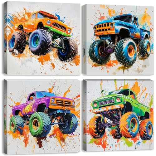 Multicolor Monster Car Wall Art Funny Truck Canvas Prints Pictures Kids Bathroom Bedroom Wall Decor Cool Graffiti Monster Truck Poster Artwork for Boys Gamer Men Domitory Home Decorations 16x16” 4 Pcs - color: Colorful Trucks, size: 16"l X 16"w