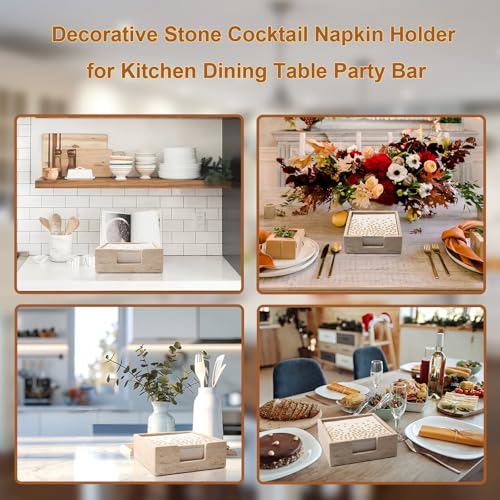 Luncheon Napkin Holder,Travertine Stone Napkin Holders Fit for 6.5”x6.5” Luncheon-Sized Napkins,Stone Napkin Holder for Table Kitchen Counter Dining Room Party Bar Decor,Beige - size: 7.7 x 7.7 Inch