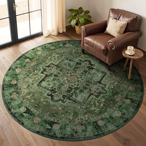 Green Round Rugs 7ft for Living Room, Earth Tone Vintage Medallion Circle Rug Carpet 7 Feet for Dining Room Table, Washable Non Slip Ultra Thin 7x7 Round Area Rugs for Bedroom Home Office - color: Medallion-green, size: 7' (Round)