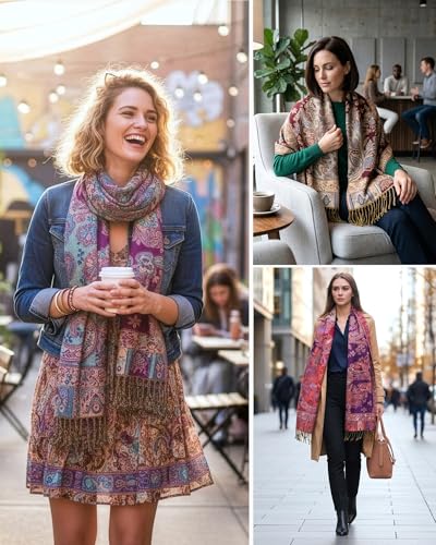Achillea Elegant Paisley Floral Pashmina Shawl and Wrap – Boho Rave Scarf for Festival, Travel & Everyday Wear - color: Purple Turquoise