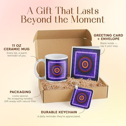 3dRose Meditation Gift Set with Mug, Keychain, and Mindfulness Card – Glowing Energy Mandala Design for Yoga Practitioners and Wellness Enthusiasts