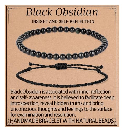 QOGIR 2pcs Handmade Healing Bracelet, Natural Gem Stone Crystal Elastic Bracelet - color: Black Obsidian(Self - Reflection), size: 4mm
