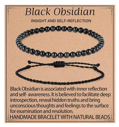 QOGIR 2pcs Handmade Healing Bracelet, Natural Gem Stone Crystal Elastic Bracelet - color: Black Obsidian(Self - Reflection), size: 4mm