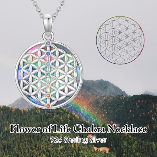 Flower of Life Necklace 925 Sterling Silver Chakra Pendant 7 Chakra Flower of Life Jewelry for Women Men