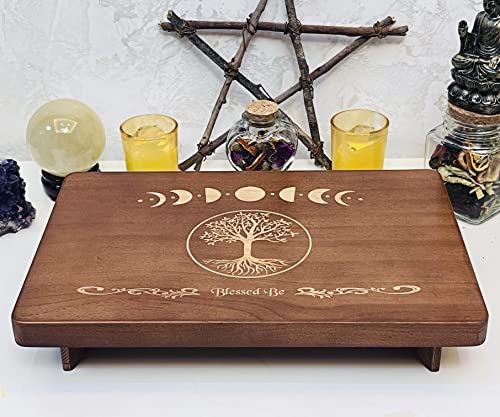 Altar Table, Meditation Table, Small Altar Table, Wooden Witch Altar, Wiccan Alter Table, Buddhist Shrine, Engraved Moon Phase and The Tree of Life on Table Top, 12 × 8 inches - color: The Tree of Life