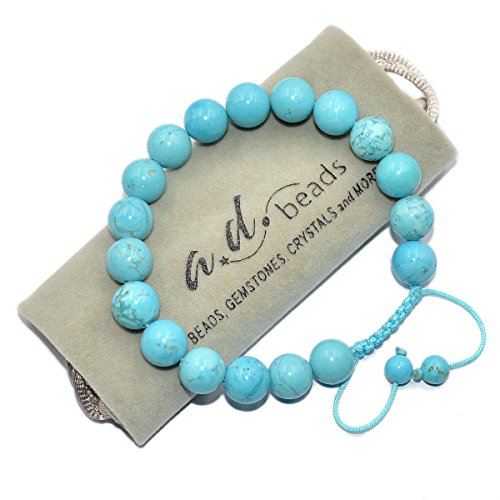 AD Beads Natural 10mm Gemstone Bracelets Healing Power Crystal Macrame Adjustable 7-9 Inch - color: Blue Turquoise