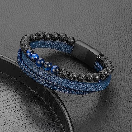 Leather Bead Bracelets for Men, Natural Tiger Eye Lava Rock Stone Bead Magnetic Clasp Adjustable Leather Bracelets Stress Relief Mens Anxiety Bracelet Mens Jewelry Gifts - style: Blue Leather-Lava Rock&Blue Tiger Eye