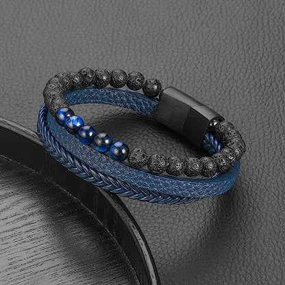 Leather Bead Bracelets for Men, Natural Tiger Eye Lava Rock Stone Bead Magnetic Clasp Adjustable Leather Bracelets Stress Relief Mens Anxiety Bracelet Mens Jewelry Gifts - style: Blue Leather-Lava Rock&Blue Tiger Eye
