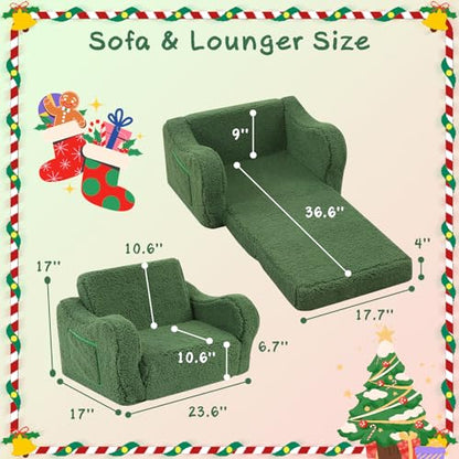 MOMCAYWEX Kids Sofa, 2-in-1 Flip-Out Foam Couch with Soft Sherpa Cover, Cozy Play Lounge Chair, Green - color: Green, size: Medium