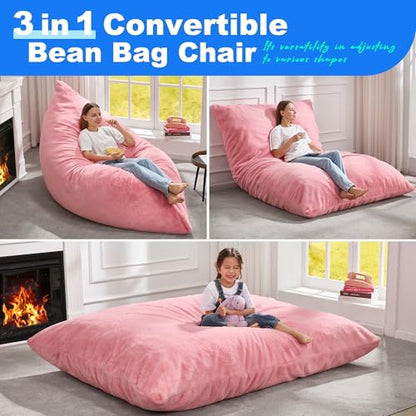 Hobestluk 3 in 1 Bean Bag Chair Giant Bean Bag Chairs for Adults with Chevron Plush Fur Cover Convertible Bean Bag Floor Cushion with Machine Washable Cover for Living Room (Plush Pink) - color: Hot Pink