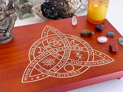 Altar Table, Meditation Table, Small Altar Table, Wooden Witch Altar, Wiccan Alter Table, Buddhist Shrine, Engraved Triquetra （The Celtic Trinity Knot） on Table Top, 12 × 8 inches - color: The Celtic Trinity Knot (Triquetra)