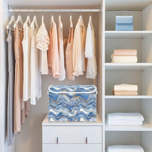 senya Large Storage Bins with Linen Collapsible Foldable Storage Cubes Fabric Closet Organizer Containers Box with Flip-Top Lid Home Bedroom Office 16.7 x 12.6 x 11.8in (Blue Gold) - color: Blue Gold