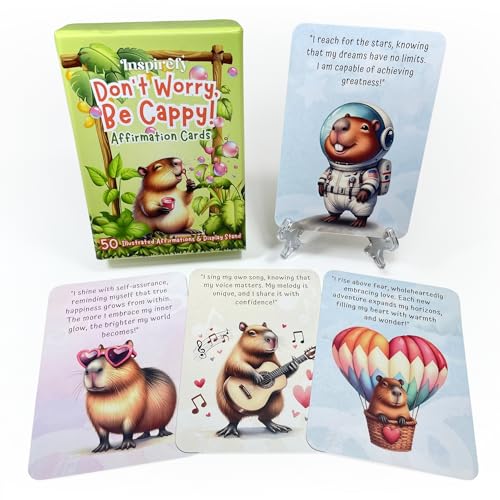 50 Capybara Affirmation Cards – Positive Messages for Happiness, Gratitude, Confidence & Mindfulness – Illustrated Self-Care Deck with Display Stand – Gift for Kids, Teens, Adults & Capybara Lovers - style: Don’t Worry, Be Cappy