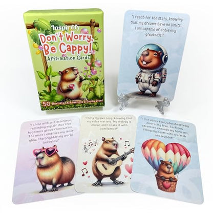 50 Capybara Affirmation Cards – Positive Messages for Happiness, Gratitude, Confidence & Mindfulness – Illustrated Self-Care Deck with Display Stand – Gift for Kids, Teens, Adults & Capybara Lovers - style: Don’t Worry, Be Cappy